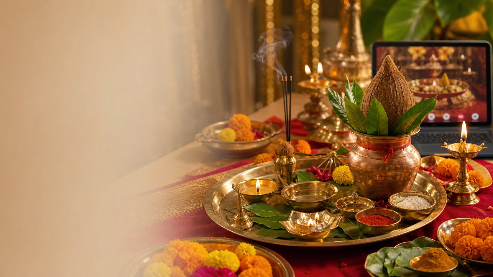Online pooja setup with lamp and ritual items
