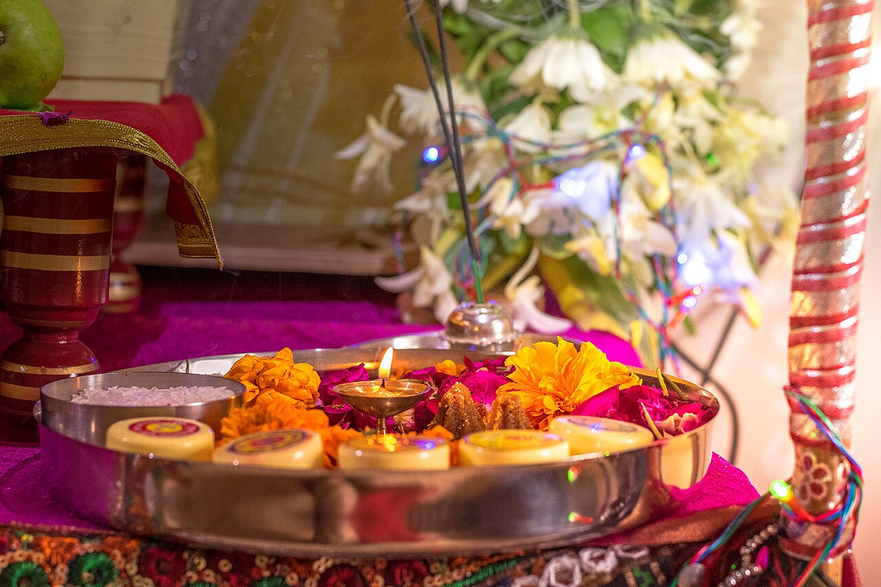 Real pooja thali with diya and ritual items for trust-based online pooja